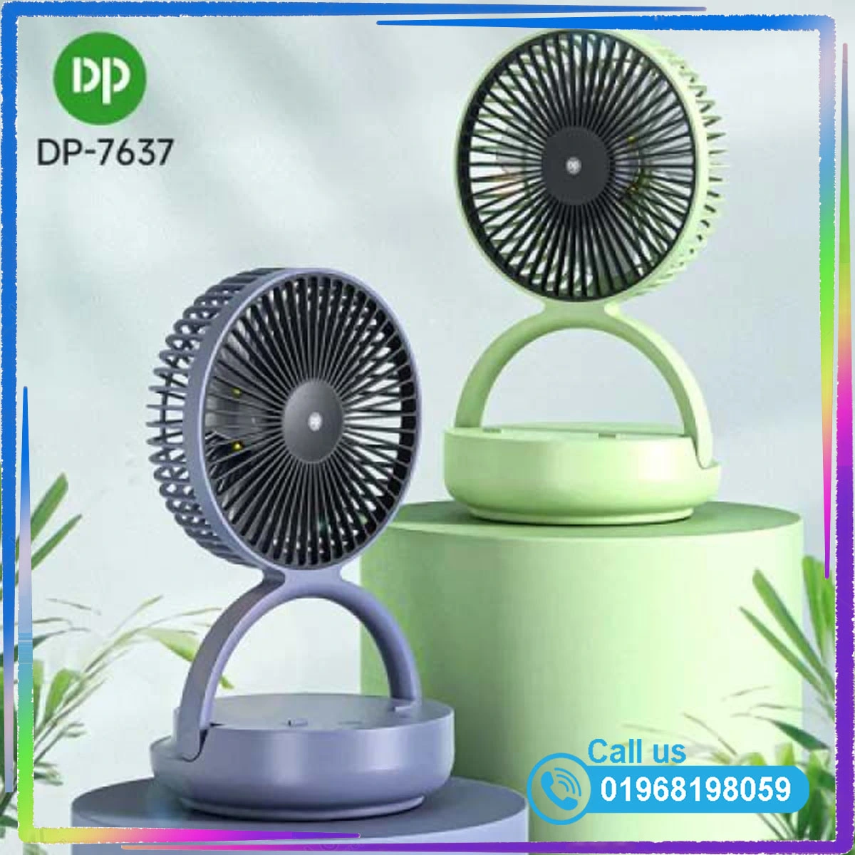 DP-7637 AC/DC Rechargeable 8000mAh Lithium Battery Auto Rotating Foldable Desk Fan With LED Lamp.